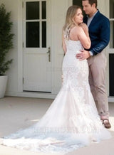 2027 Mermaid Wedding Dresses Sweetheart Spaghetti Straps Halter Lace back view