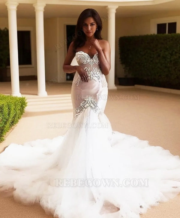 2027 Sweetheart Wedding Dresses Tulle Long Train Mermaid Embroidery front view