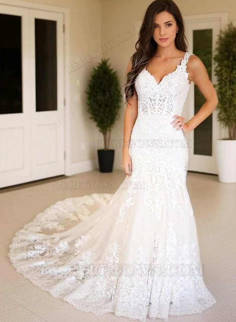 Lace Sweep Train Empire 2027 Ivory Sheath Sweetheart Long Wedding Dresses front view