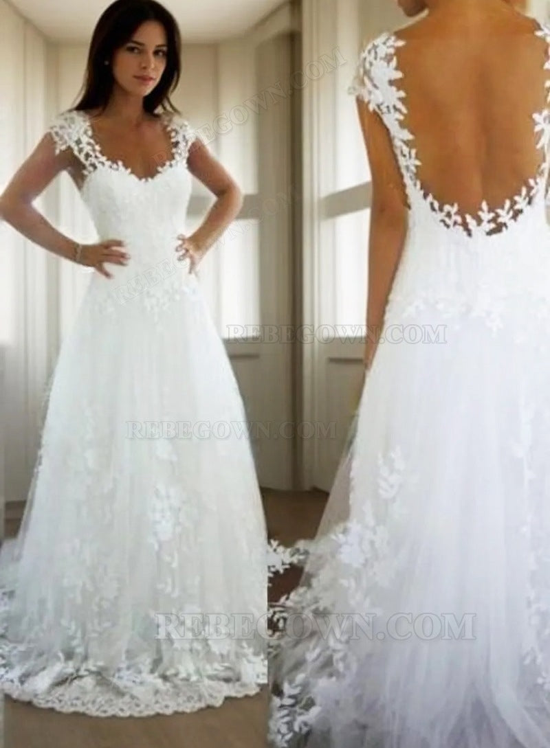 2027 Backless A-line Lace Wedding Dresses / Gowns front view