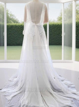 A Line Sweetheart Spaghetti Straps Side Slit Chiffon Lace Beach Wedding Dresses 2027 back view