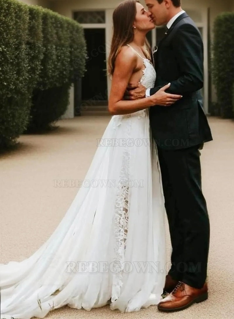 A Line Sweetheart Spaghetti Straps Side Slit Chiffon Lace Beach Wedding Dresses 2027 side view