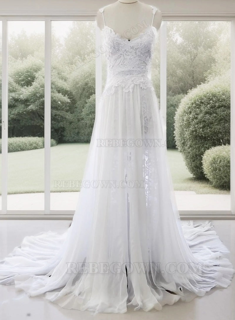 A Line Sweetheart Spaghetti Straps Side Slit Chiffon Lace Beach Wedding Dresses 2027 front view
