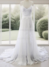 A Line Sweetheart Spaghetti Straps Side Slit Chiffon Lace Beach Wedding Dresses 2027 front view
