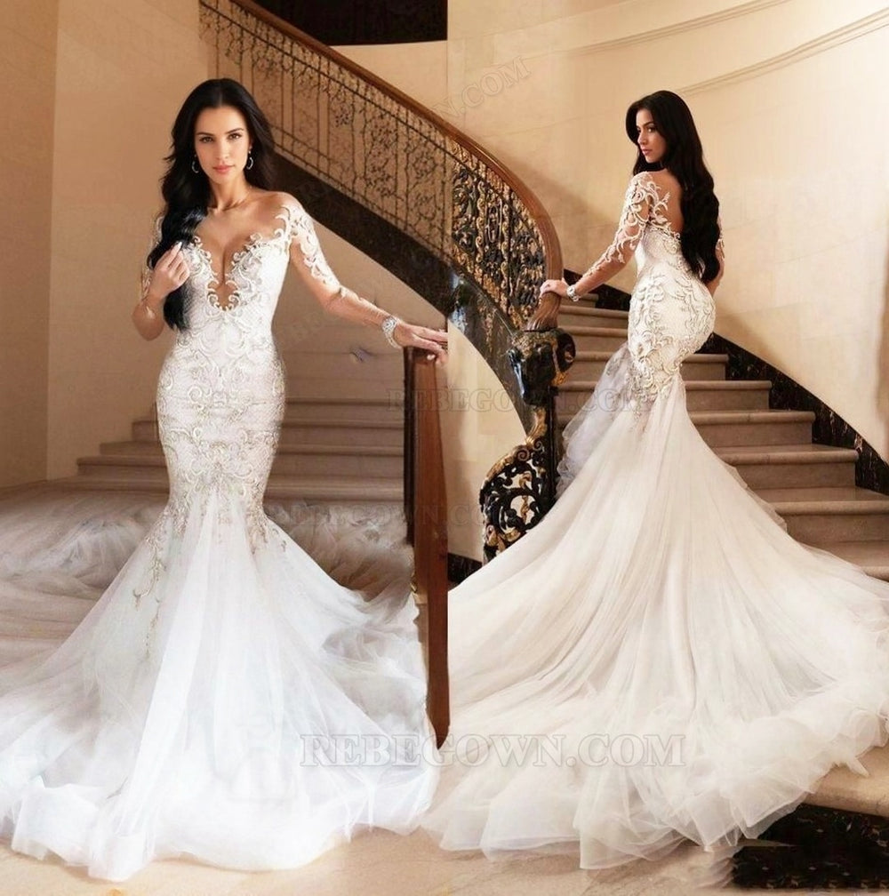 2027 V-neck Long Sleeves Lace Wedding Dresses front view