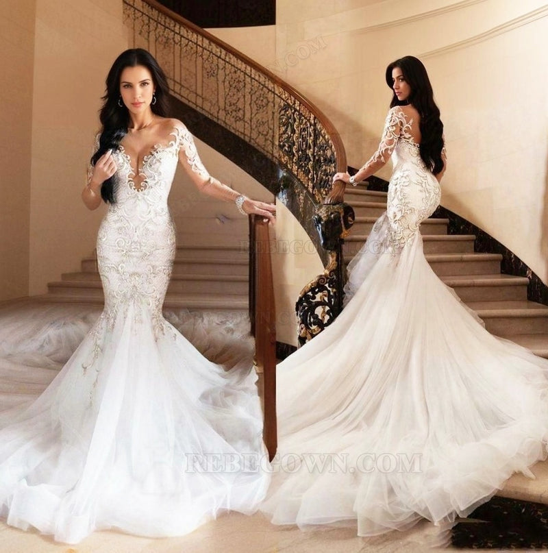 2027 V-neck Long Sleeves Lace Wedding Dresses front view