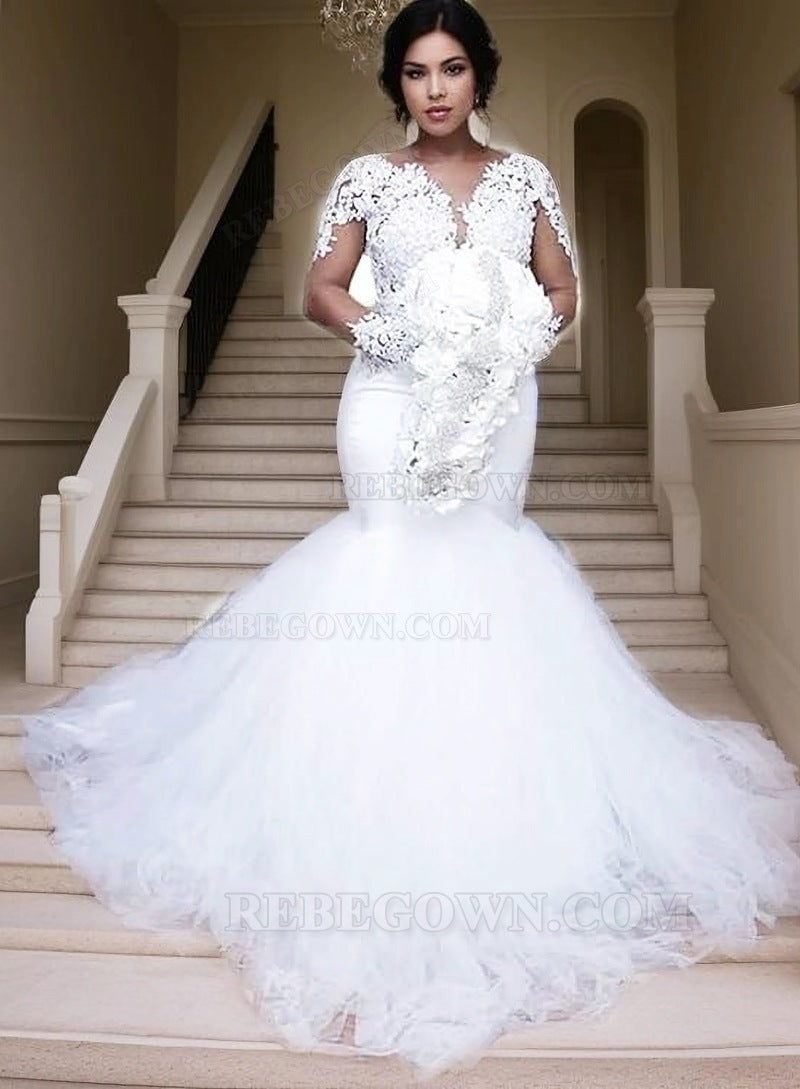 2027 Mermaid White Tulle With Appliques Sleeves Wedding Dresses front view