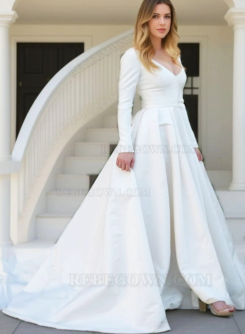 A Line Satin Long Sleeves Plain Wedding Dresses 2027 front view