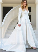 A Line Satin Long Sleeves Plain Wedding Dresses 2027 front view