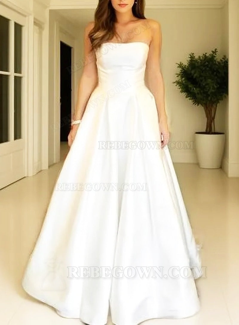 Simple A Line Strapless Floor-length Plain 2027 Wedding Dresses front view