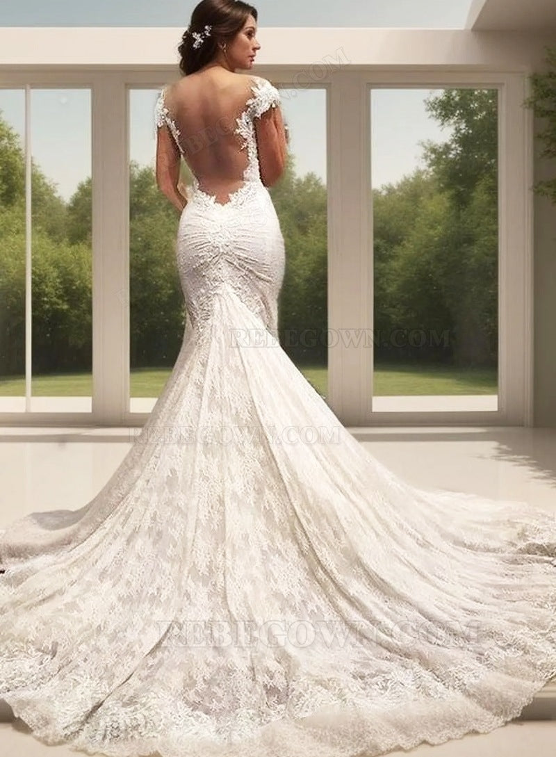 Lace Watteau Train Trumpet/Mermaid Sleeveless Off-The-Shoulder Zipper Wedding Dresses / Gowns With Appliqued back view