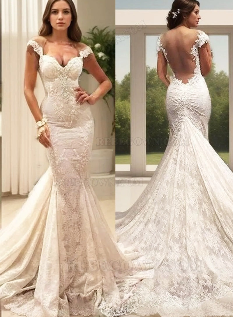Lace Watteau Train Trumpet/Mermaid Sleeveless Off-The-Shoulder Zipper Wedding Dresses / Gowns With Appliqued front view