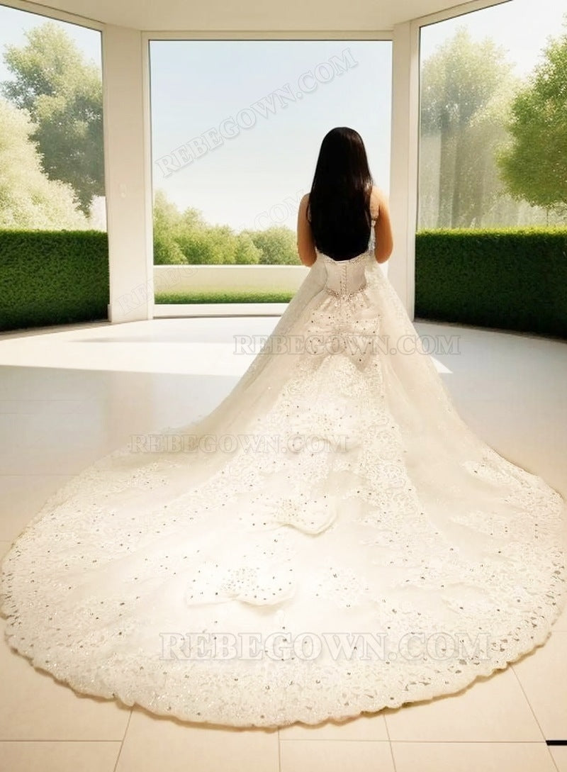 Tulle Chapel Train Ball Gown Sleeveless Sweetheart Lace Up Wedding Dresses / Gowns With Appliqued Beaded back view