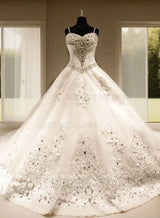 Tulle Chapel Train Ball Gown Sleeveless Sweetheart Lace Up Wedding Dresses / Gowns With Appliqued Beaded front view
