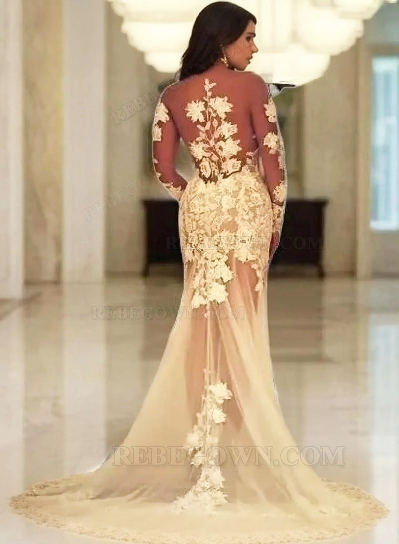 Tulle Sweep Train Trumpet/Mermaid Long Sleeve Sweetheart Zipper Up At Side Wedding Dresses / Gowns With Appliqued side view