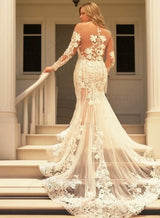 Tulle Sweep Train Trumpet/Mermaid Long Sleeve Sweetheart Zipper Up At Side Wedding Dresses / Gowns With Appliqued front view
