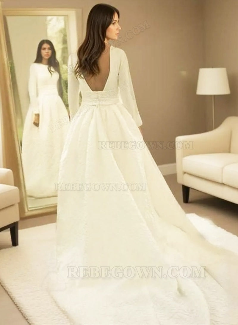 Satin Court Train A-Line Long Sleeve Zipper Wedding Dresses / Gowns With Appliqued front view