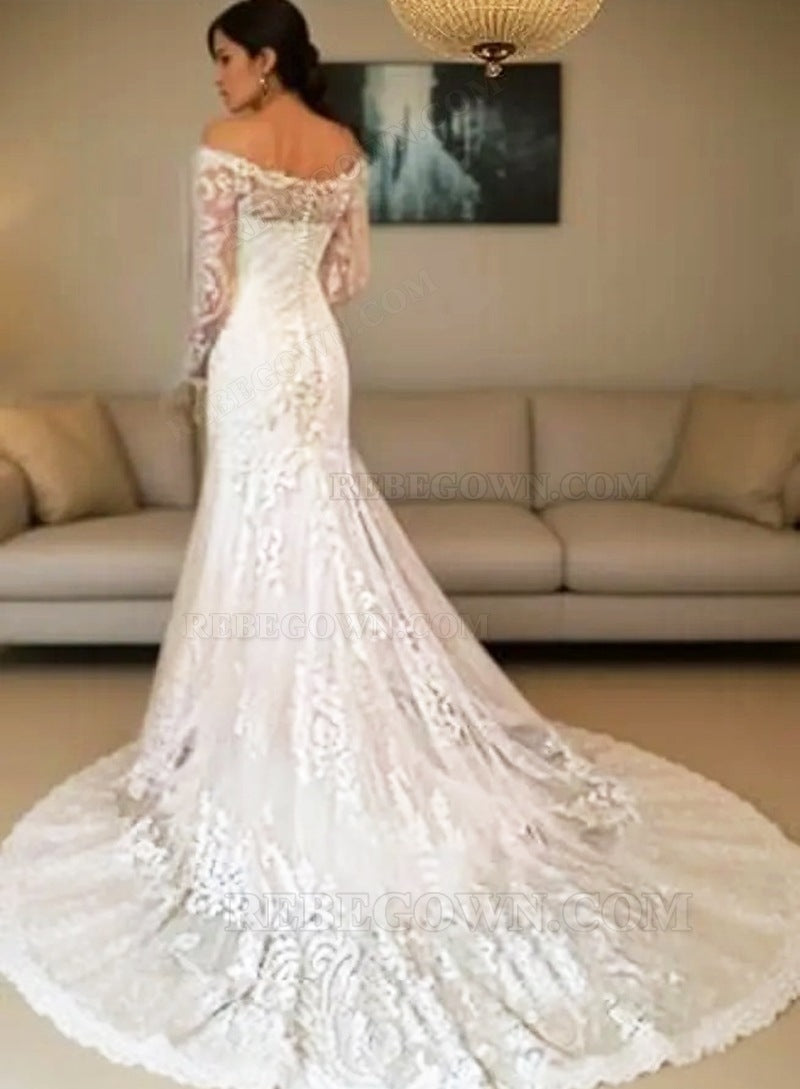 Tulle Court Train Sheath/Column Long Sleeve Off-The-Shoulder Covered Button Wedding Dresses / Gowns With Appliqued back view