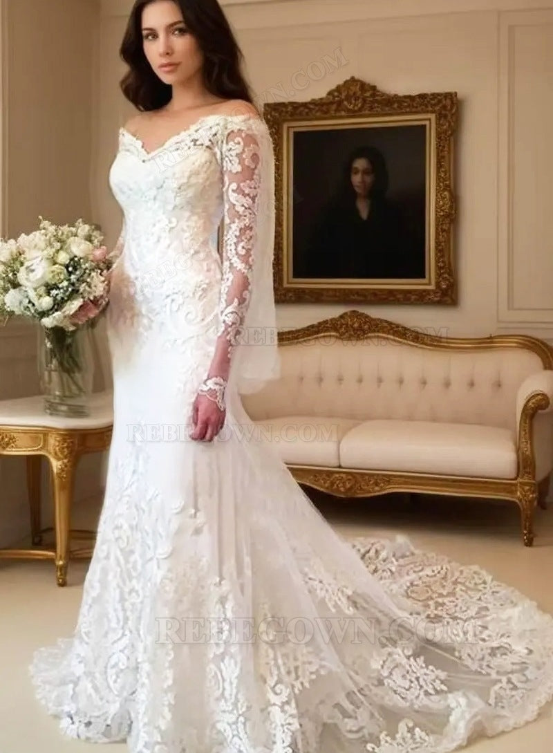 Tulle Court Train Sheath/Column Long Sleeve Off-The-Shoulder Covered Button Wedding Dresses / Gowns With Appliqued front view