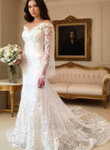 Tulle Court Train Sheath/Column Long Sleeve Off-The-Shoulder Covered Button Wedding Dresses / Gowns With Appliqued front view