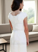 Chiffon Sweep Train Sheath/Column Sleeveless V-Neck Covered Button Wedding Dresses / Gowns With Appliqued back view