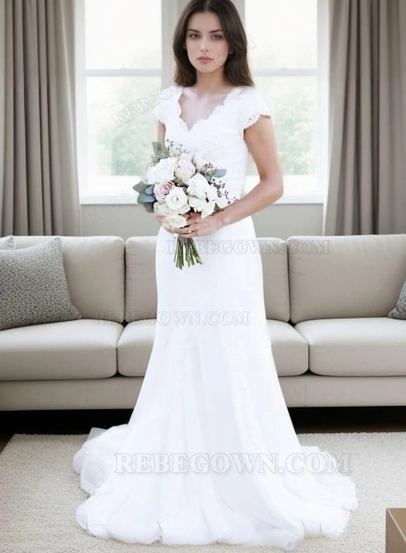 Chiffon Sweep Train Sheath/Column Sleeveless V-Neck Covered Button Wedding Dresses / Gowns With Appliqued front view