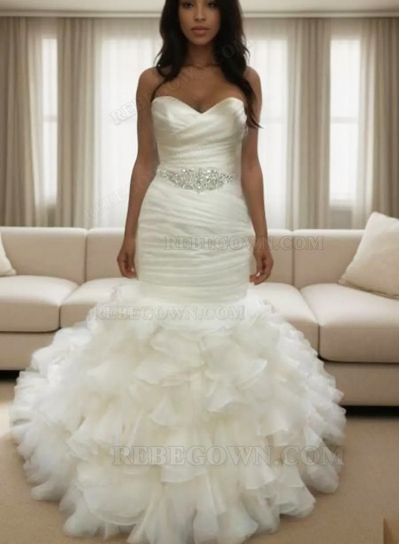 Mermaid Sweetheart Organza Beaded Belt Ruffles 2027 Wedding Dresses front view
