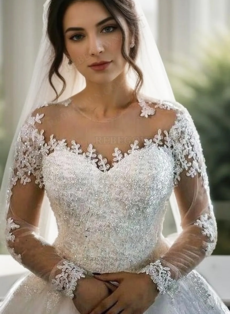 2027 Long Sleeves Ball Gown Wedding Dresses With Appliques back view