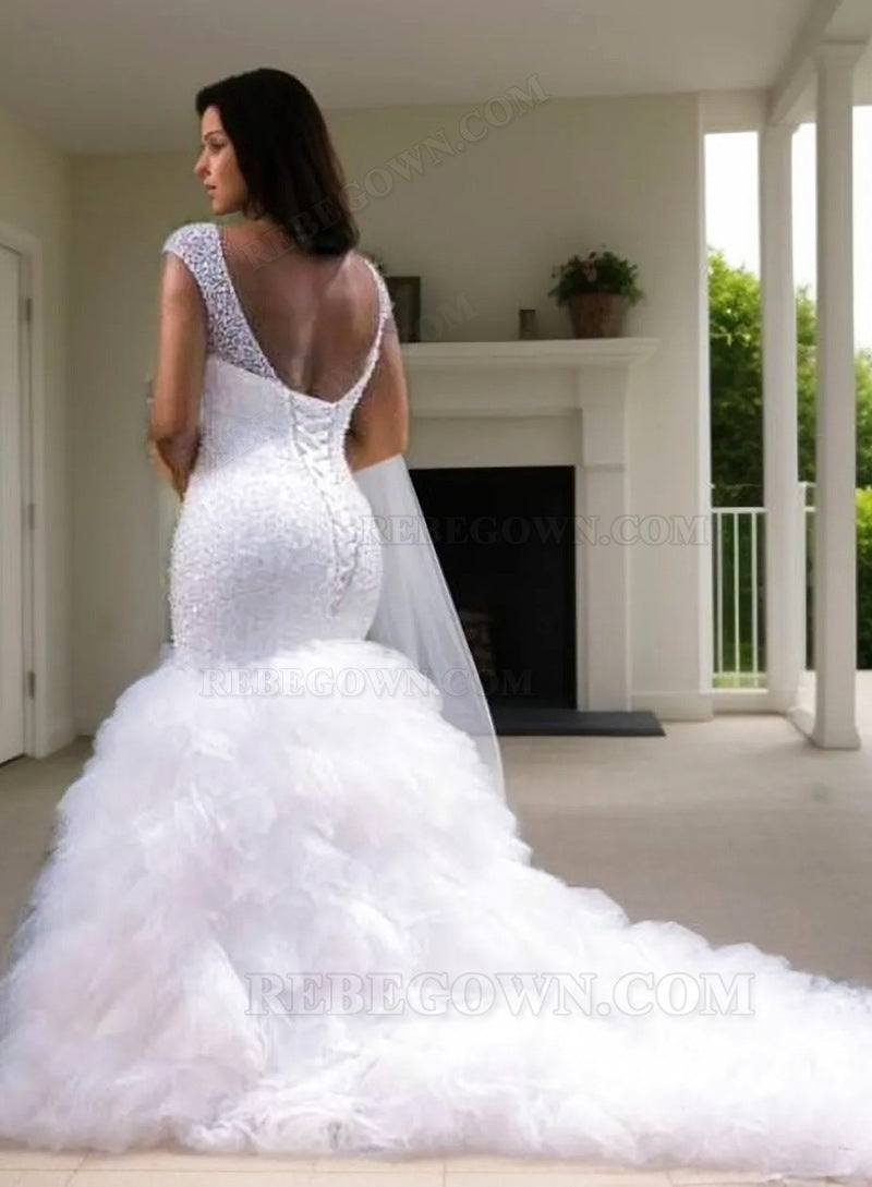 2027 Mermaid Sweetheart Layers Tulle Ruffles Beaded Wedding Dresses front view