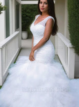2027 Mermaid Sweetheart Layers Tulle Ruffles Beaded Wedding Dresses back view