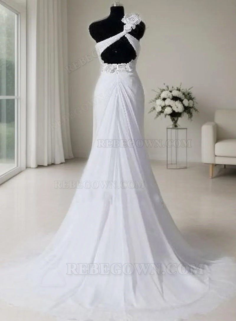 One Shoulder Chiffon Mermaid 2027 Chiffon Wedding Dresses With Flowers back view