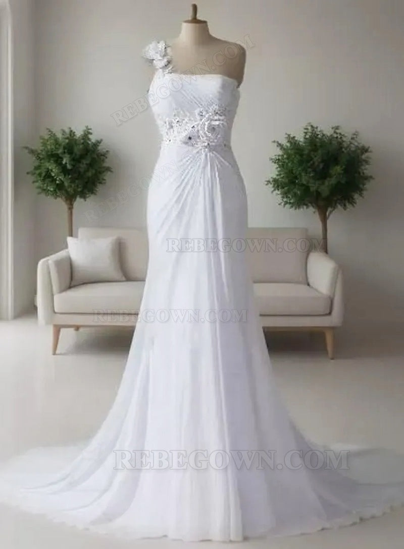 One Shoulder Chiffon Mermaid 2027 Chiffon Wedding Dresses With Flowers front view