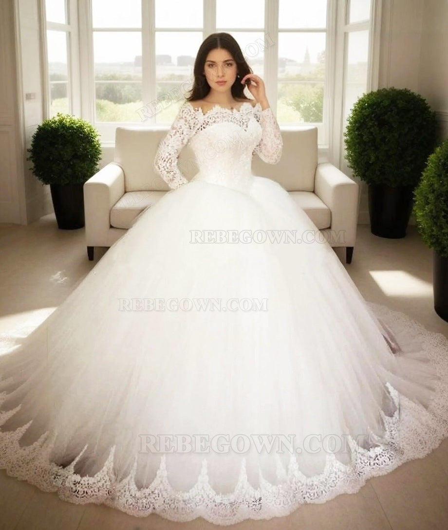 2027 Off The Shoulder Long Sleeves Lace Ball Gown Wedding Dresses front view