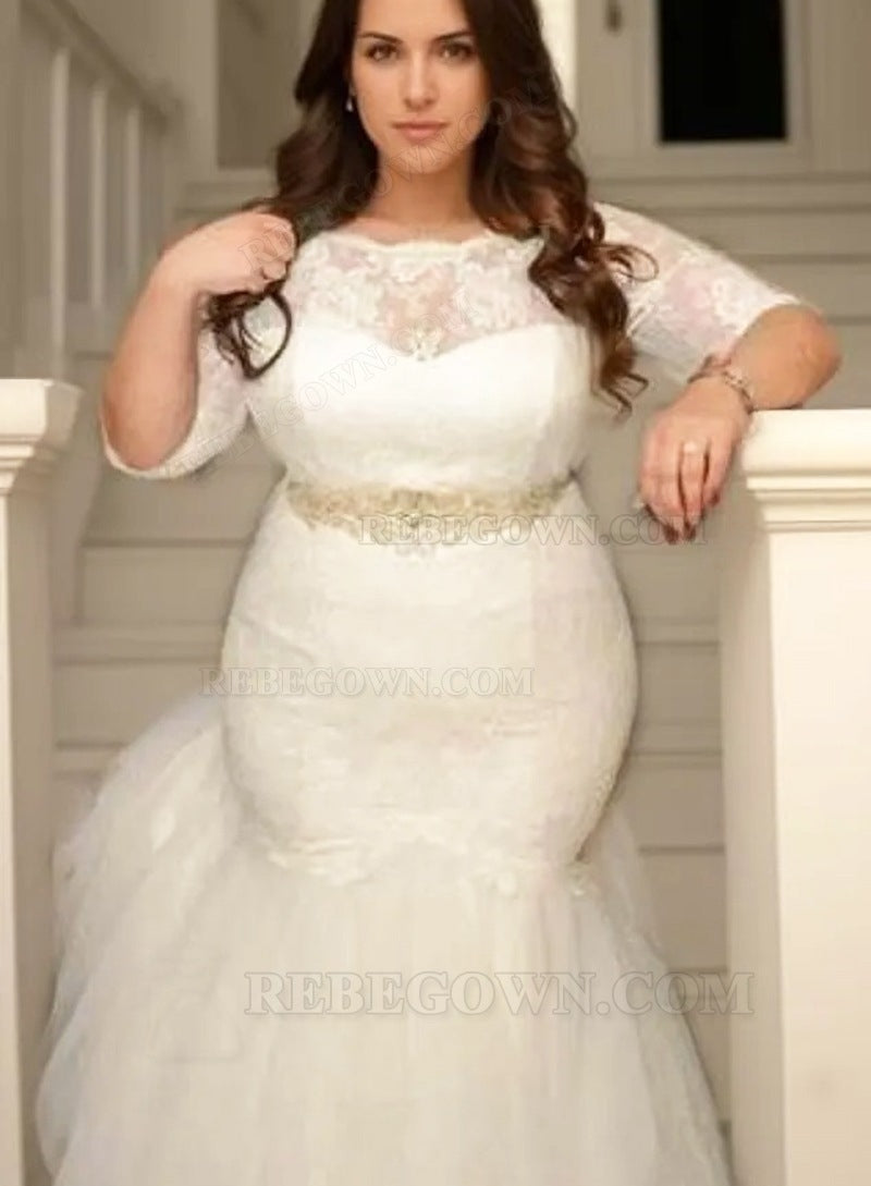 2027 Mermaid Long Sleeves Lace Plus Size Wedding Dresses front view