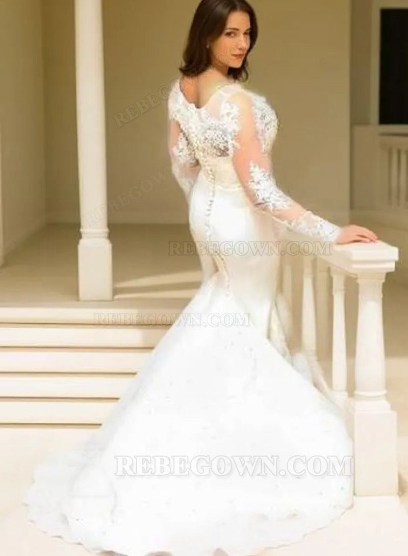 2027 Mermaid Long Sleeves Satin Sweetheart Wedding Dresses back view