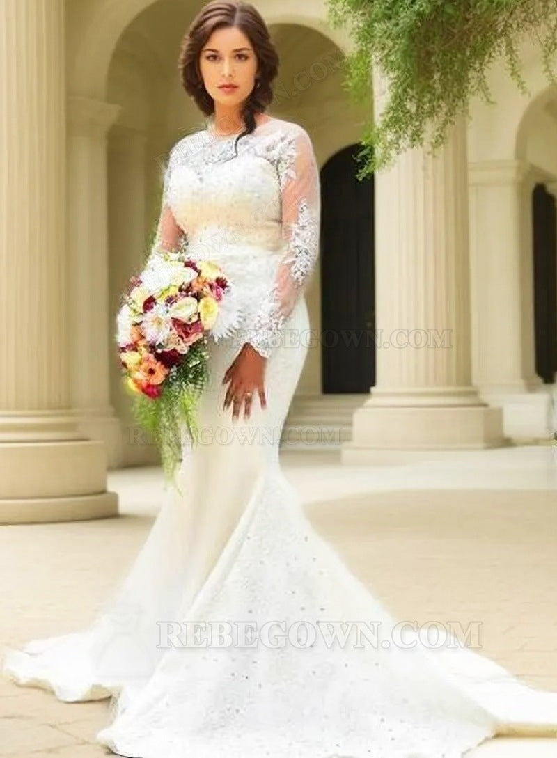 2027 Mermaid Long Sleeves Satin Sweetheart Wedding Dresses front view