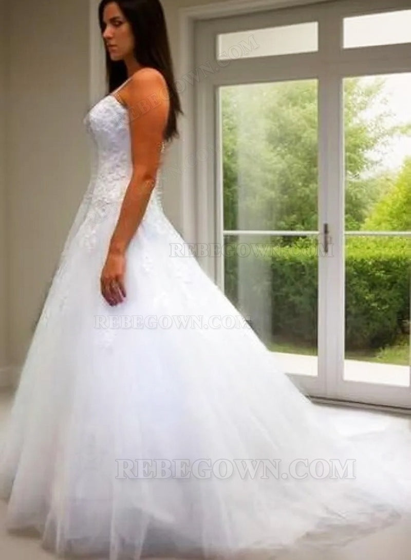 A Line Sweetheart White Tulle With Appliques Wedding Dresses back view