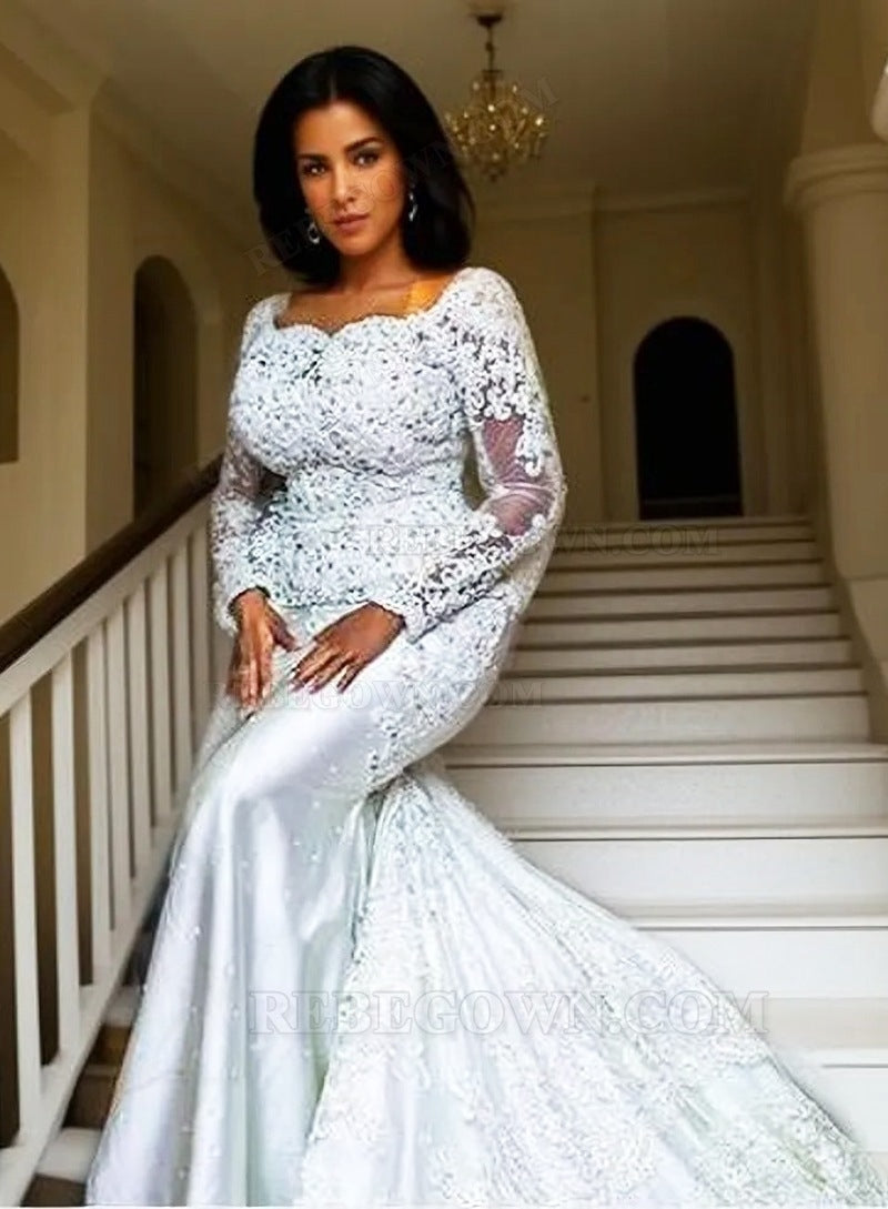 Mermaid Long Sleeves Satin Scoop Wedding Dresses 2027 back view