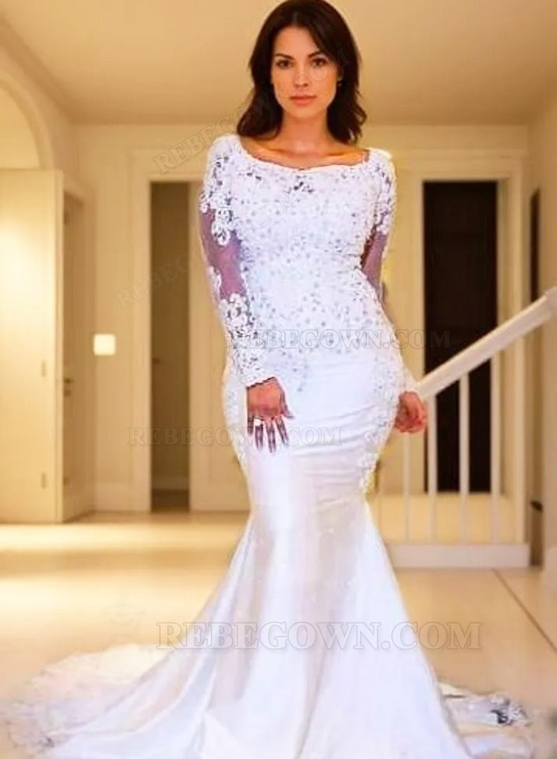 Mermaid Long Sleeves Satin Scoop Wedding Dresses 2027 front view