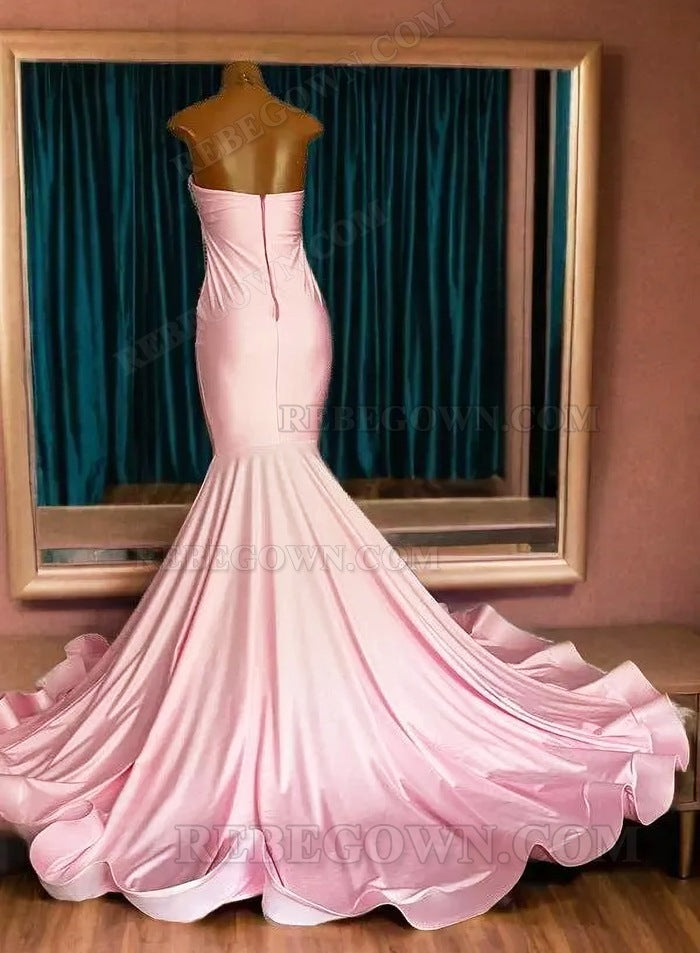 2027 Pink Satin Mermaid Prom Dress with Sequined Bodice and Flared Hem back view