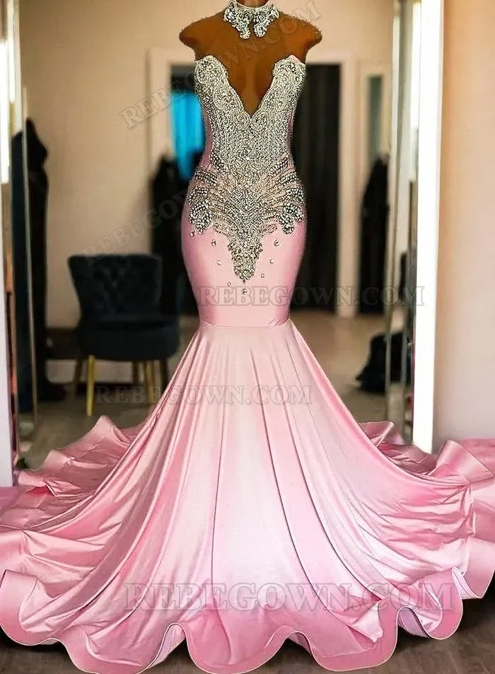 2027 Pink Satin Mermaid Prom Dress with Sequined Bodice and Flared Hem front view