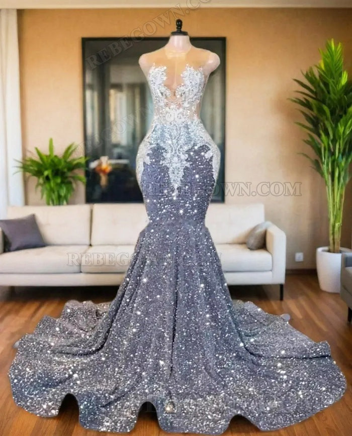 2027 Silver Sparkle Mermaid Prom Dresses with Embellished Illusion Tulle Neckline front view
