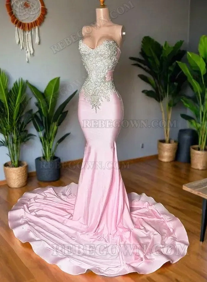 Sweetheart Pink Silk like Satin Mermaid 2027 Prom Gown with Appliques and Court Train front view