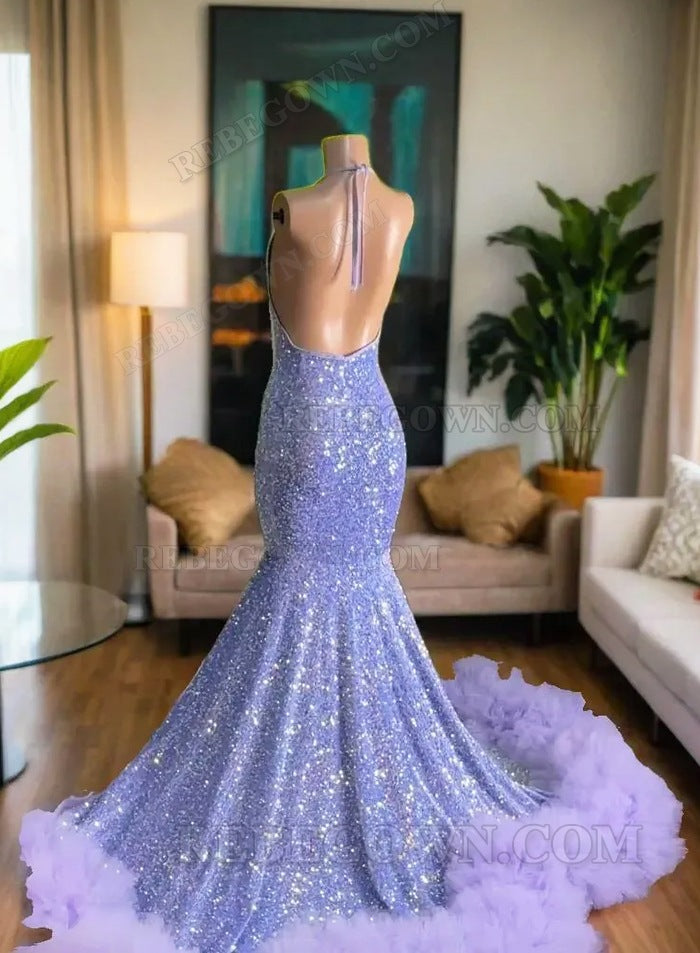 2027 Lavender Shimmer Mermaid Gowns with Sequined Bodice and Plush Tulle Hem back view