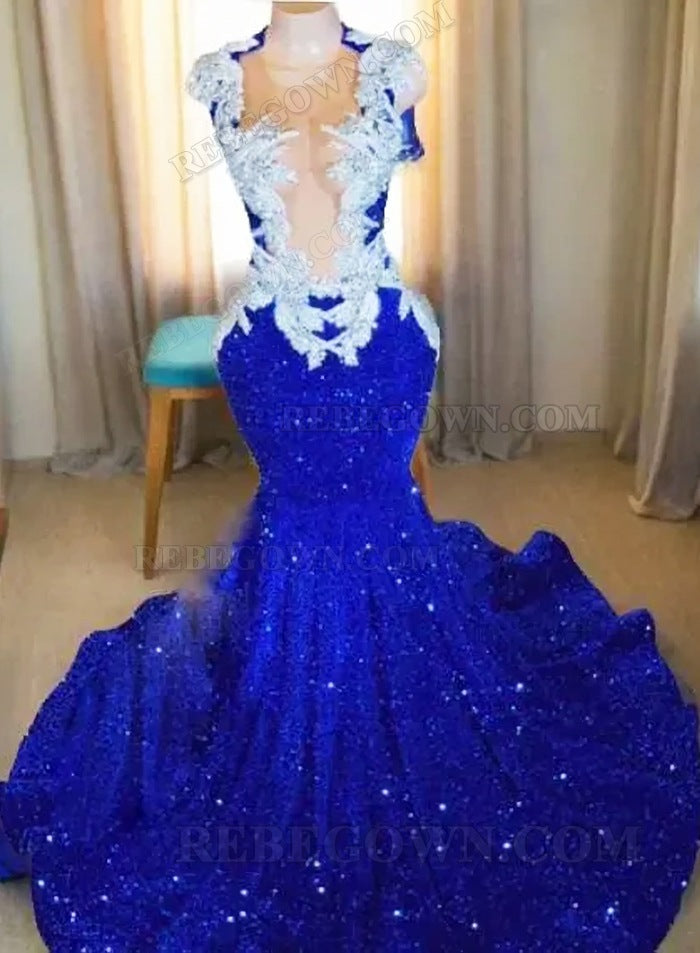 2027 Royal Blue Glittering Mermaid Prom Dresses with Beaded and Sparkling Overlay back view
