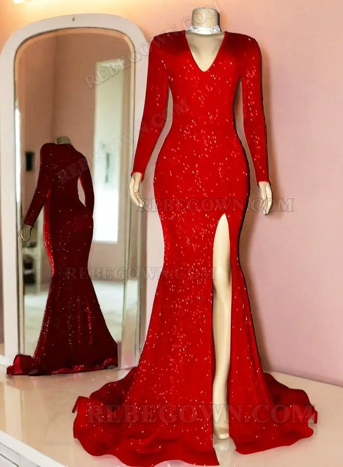 2027 Red Sequined V-neck Mermaid Prom Dresses with Long Sleeves and High Side Slit front view