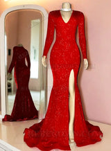 2027 Red Sequined V-neck Mermaid Prom Dresses with Long Sleeves and High Side Slit back view