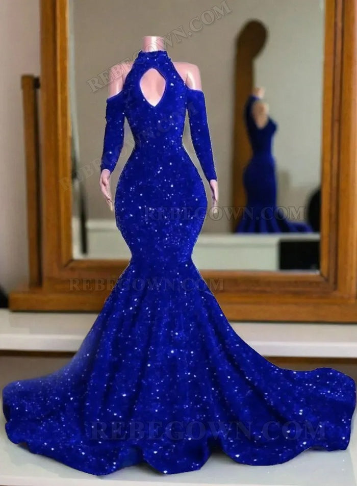 2027 Royal Blue Sequin Mermaid Prom Dresses with Keyhole Cutout and Sweep Train front view