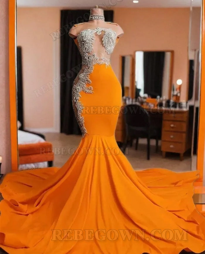 2027 Orange Mermaid Prom Dresses with Beaded Applique and Flared Hem front view