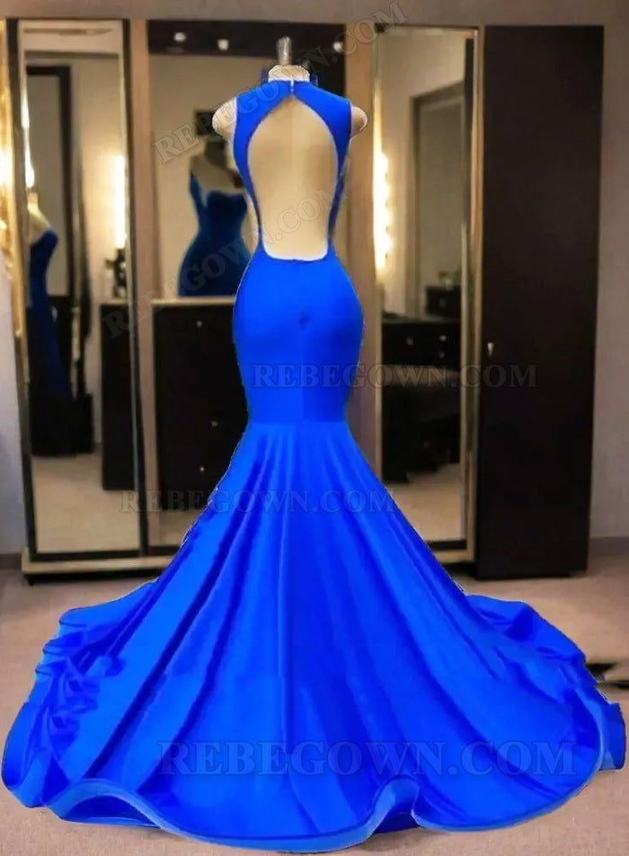 2027 Royal Blue Beaded Prom Dresses with Deep V-neck and Backless back view